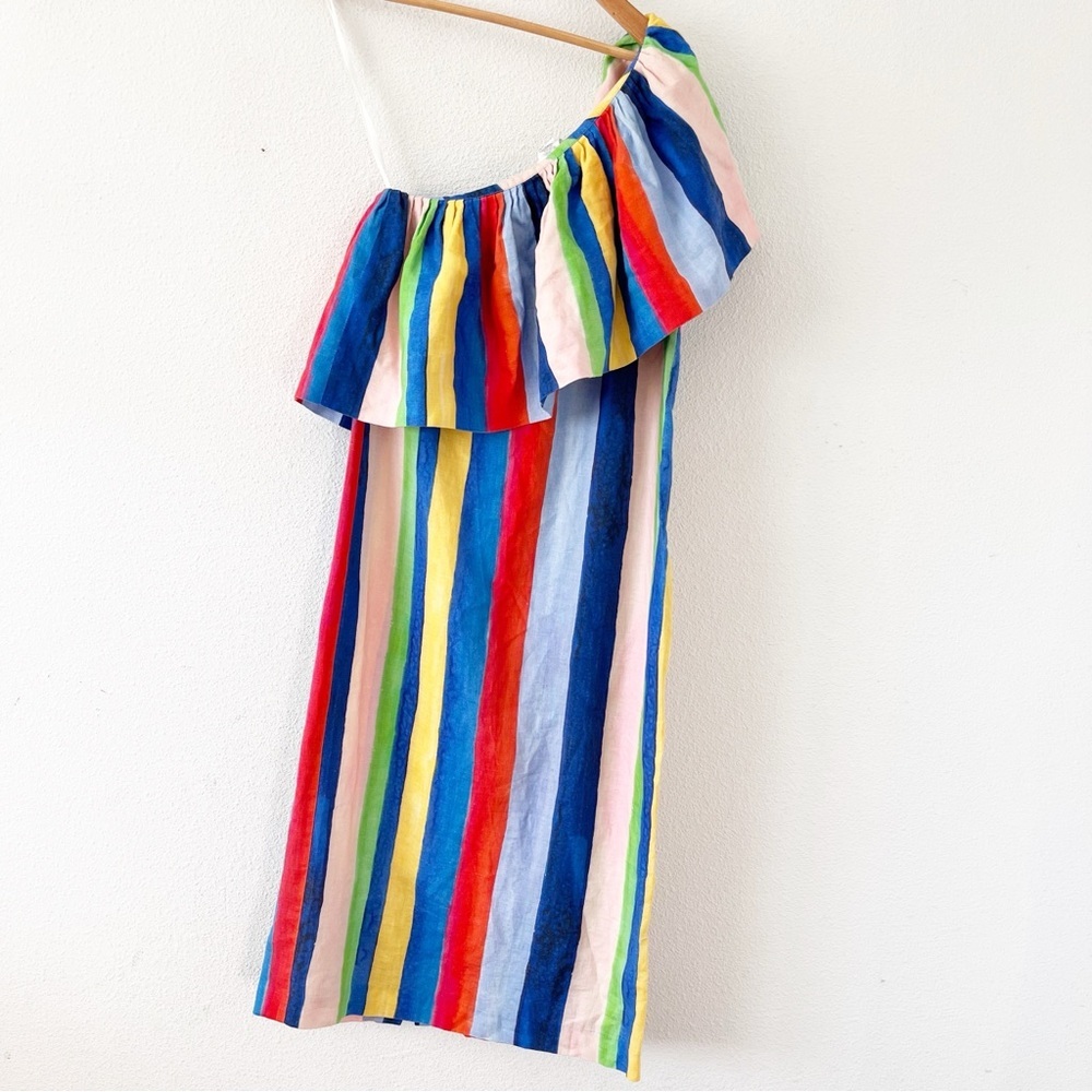 Mara Hoffman Ray Rainbow Stripe One-Shoulder Linen Midi Dress - Picture 2 of 9